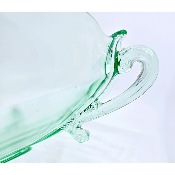 Large Depression Green Glass 13.5" Bowl/Platter Ornate Shape and Decorative Feet - Picture 4 of 8